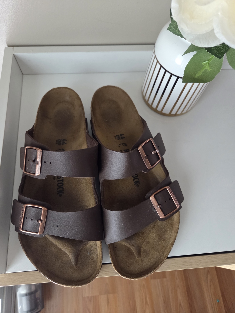 Birkenstock Arizona Two-Strap Sandals in Brown with Copper Buckles Size 44